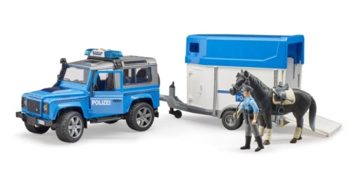 Bruder LR Defender met paardentrailer, paard en politieman